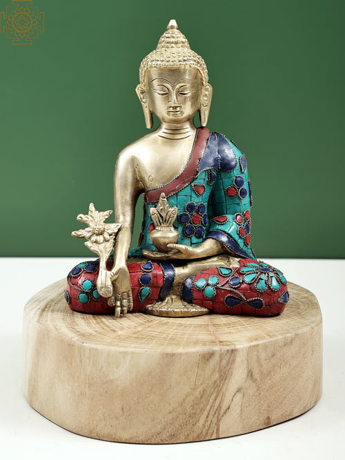 9" Medicine Buddha Brass Statue on Wooden Pedestal Handmade