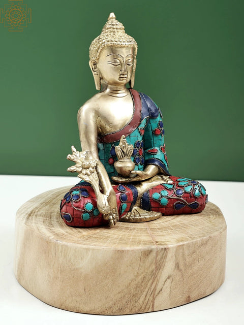 9" Medicine Buddha Seated on Wooden Pedestal | Handmade