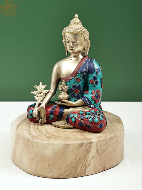 9" Medicine Buddha Seated on Wooden Pedestal | Handmade