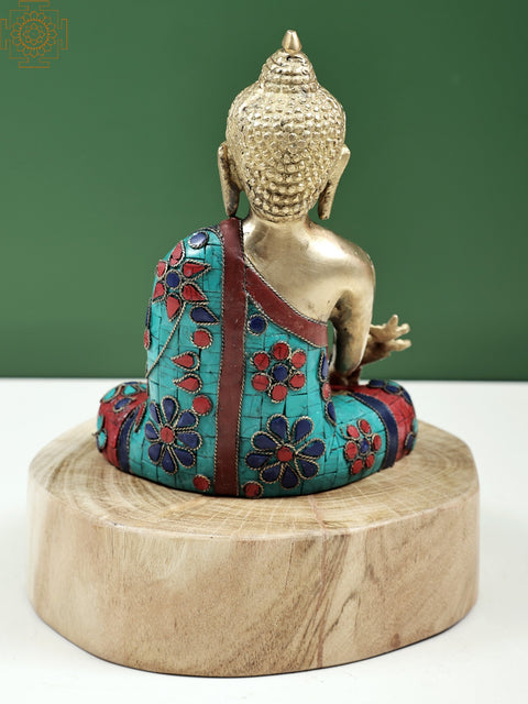 9" Medicine Buddha Seated on Wooden Pedestal | Handmade