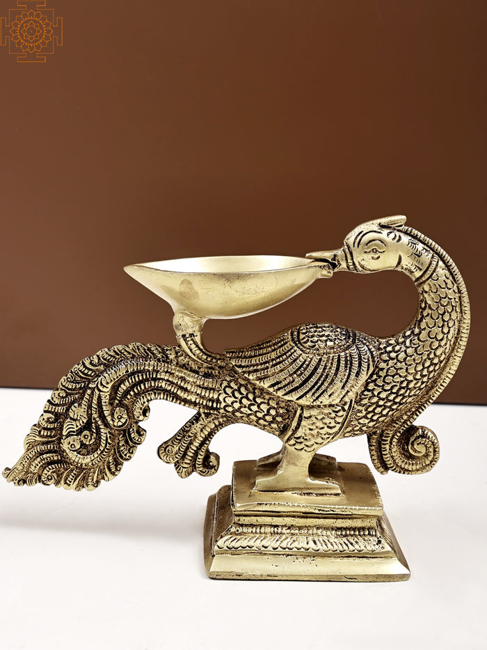 6" Handmade Brass Peacock Diya for Home Decor