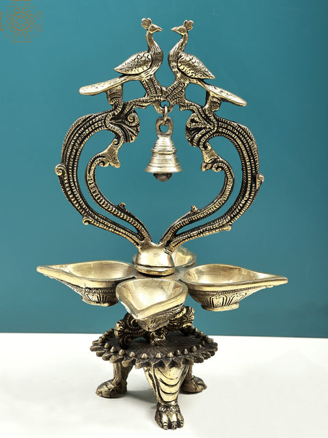 13" Brass Peacock Lamp with Bell | Handmade Annam Lamp