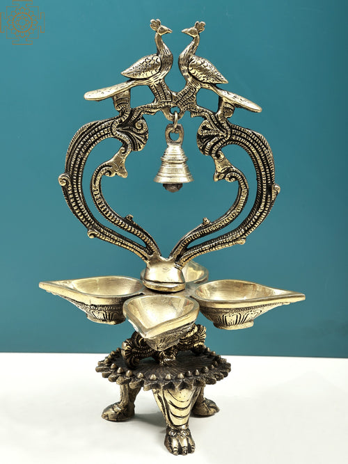 13" Handmade Brass Peacock Lamp with Bell