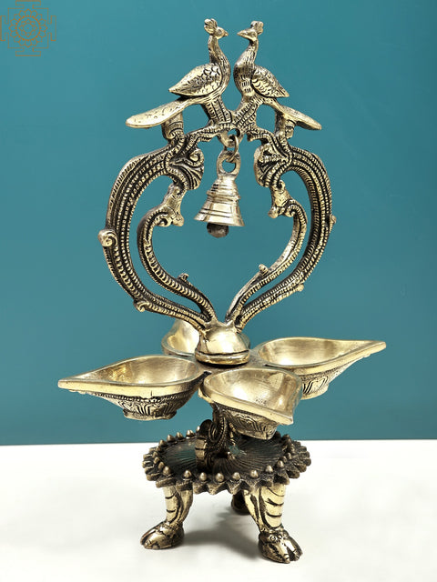 13" Brass Peacock Lamp with Bell | Handmade Annam Lamp