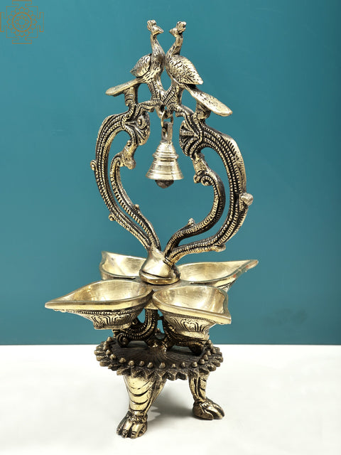 13" Brass Peacock Lamp with Bell | Handmade Annam Lamp