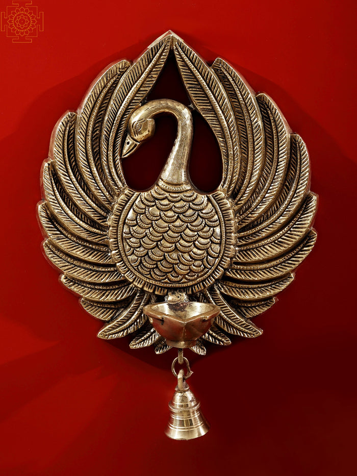9" Handmade Peacock Brass Wall Hanging Diya with Bell