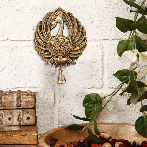 9" Peacock Wall Hanging Diya with Bell | Handmade
