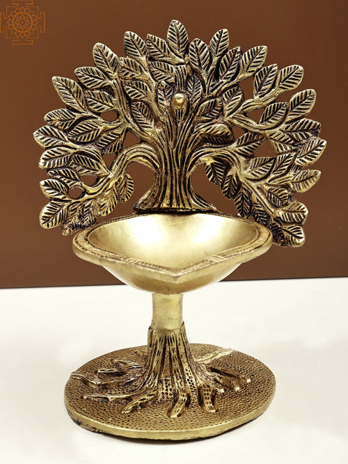 7" Handmade Kalpavriksha Tree Brass Lamp for Pooja