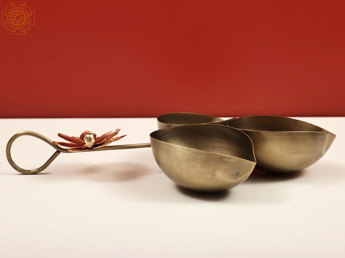 11" Handmade Brass 3 Diya with Handle for Pooja