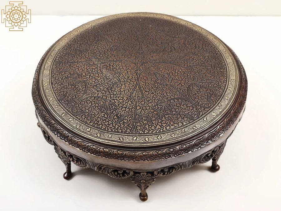 14" Brass Leaf Design Chowki, Handmade