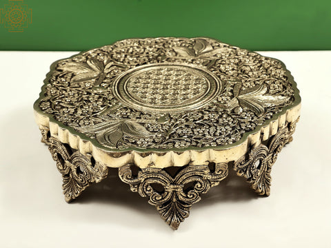 12" Brass Birds with Floral Design Chowki | Handmade Pedestal