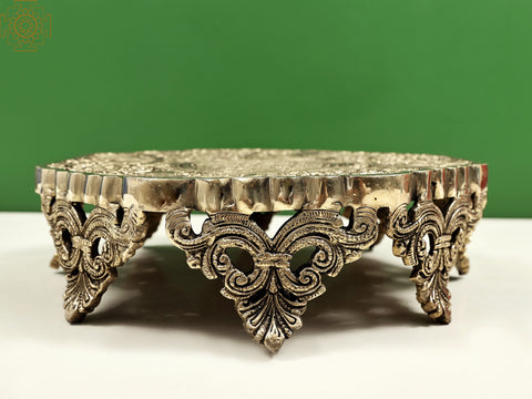 12" Brass Birds with Floral Design Chowki | Handmade Pedestal