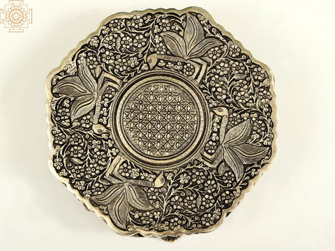 12" Brass Birds with Floral Design Chowki | Handmade Pedestal