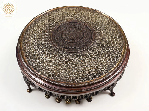 13" Handmade Brass Floral Chowki Pedestal with Bell