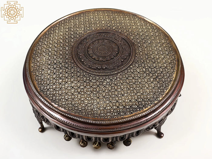 13" Handmade Brass Floral Chowki Pedestal with Bell