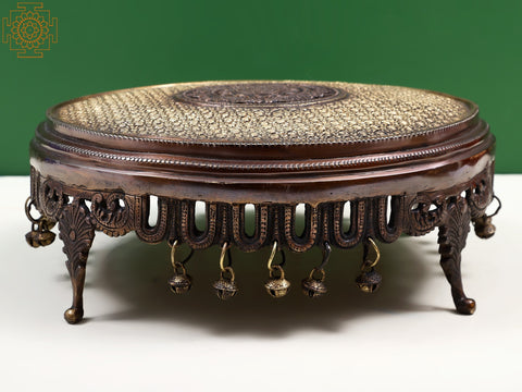 13" Brass Floral Design Pedestal (Chowki) with Bell | Handmade