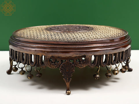 13" Brass Floral Design Pedestal (Chowki) with Bell | Handmade