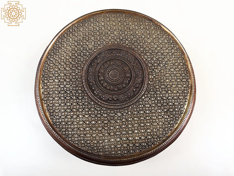13" Brass Floral Design Pedestal (Chowki) with Bell | Handmade