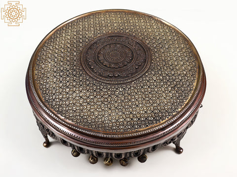 13" Brass Floral Design Pedestal (Chowki) with Bell | Handmade