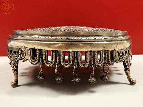 13" Brass Floral Design Pedestal (Chowki) with Bell | Handmade