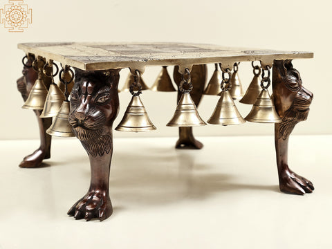 12" Brass Lion Leg Chowki with Bell | Handmade