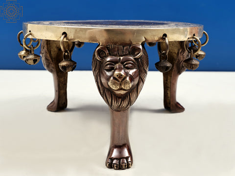8" Small Brass Lion Leg Chowki with Ghungroo | Handmade