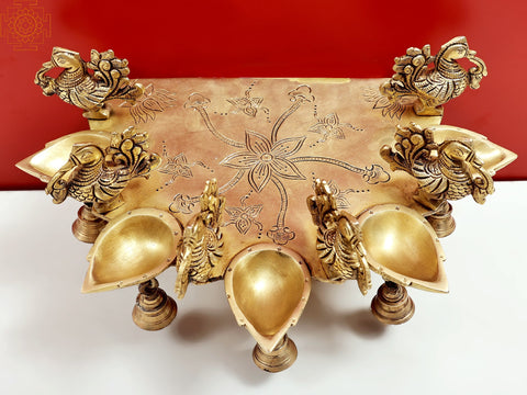 13" Brass Peacock Diya with Bells Wall Mount Bracket | Handmade