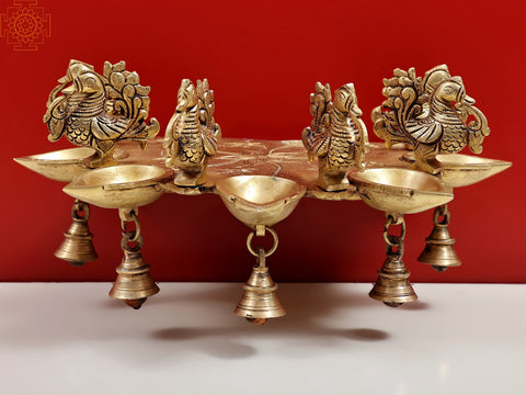 13" Brass Peacock Diya with Bells Wall Mount Bracket | Handmade