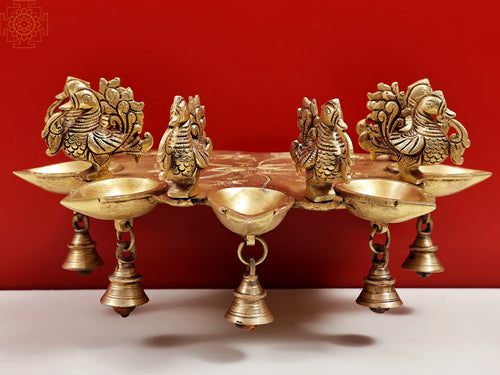 13" Handmade Brass Peacock Diya with Bells Wall Hanging