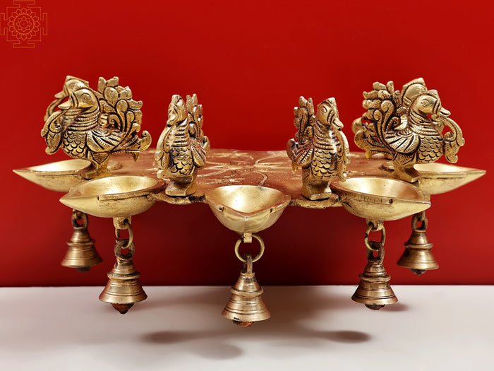 13" Handmade Brass Peacock Diya with Bells Wall Hanging