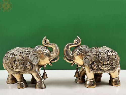 12" Brass Royal Elephant Handmade Statue with Ganesha and Lakshmi Carvings