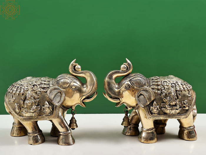 12" Brass Royal Elephant Handmade Statue with Ganesha and Lakshmi Carvings