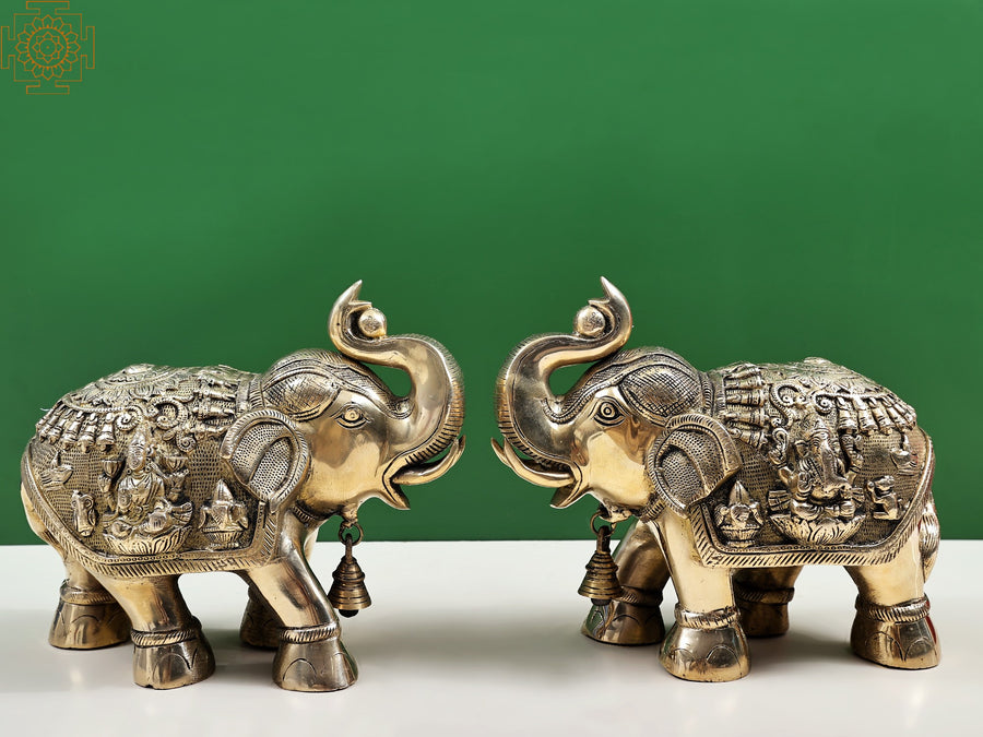 12" Brass Royal Elephant Handmade Statue with Ganesha and Lakshmi Carvings