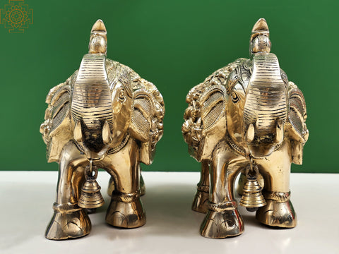 12" Brass Royal Elephant with Ganesha and Lakshmi Craving (Pair)| Handmade