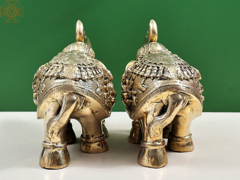 12" Brass Royal Elephant with Ganesha and Lakshmi Craving (Pair)| Handmade