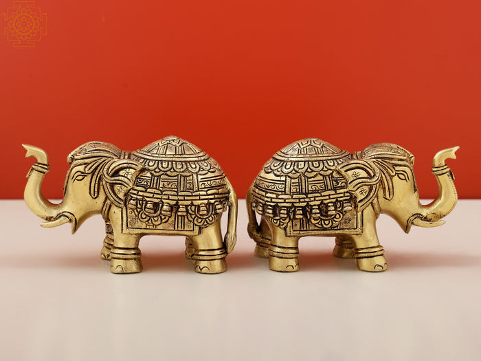 11" Handmade Brass Royal Elephant Pair Statue