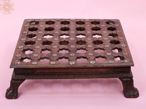 24" Wooden Lattice Chowki | Handmade Wood Pedestal
