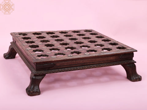 24" Wooden Lattice Chowki | Handmade Wood Pedestal