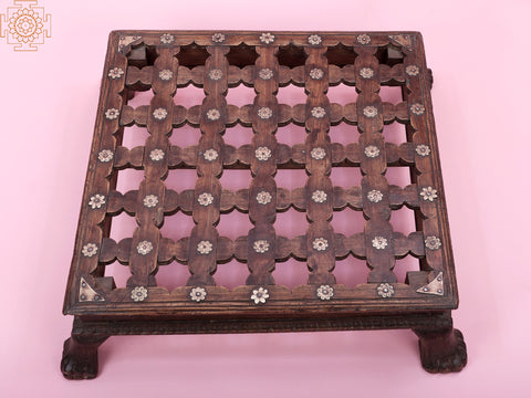 24" Wooden Lattice Chowki | Handmade Wood Pedestal