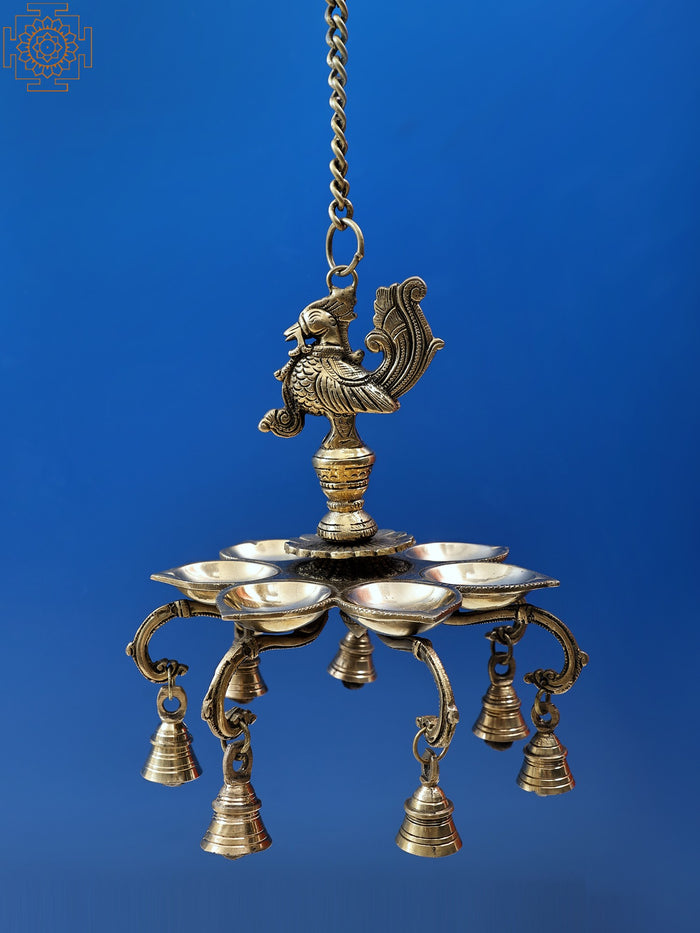 9" Handmade Brass Peacock Diya with Bells Wall Hanging