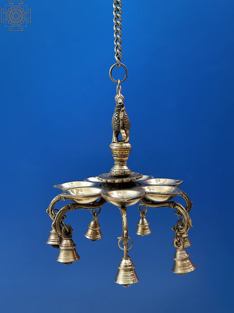 9" Brass Peacock Hanging Diya with Bells | Handmade