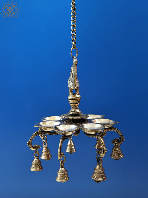 9" Brass Peacock Hanging Diya with Bells | Handmade