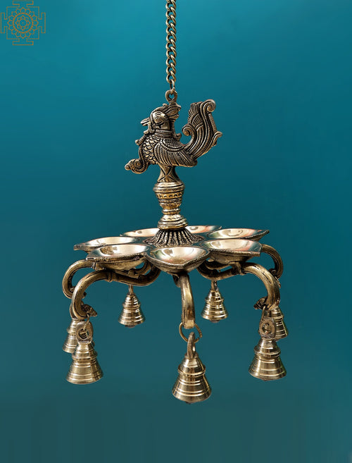 9" Handmade Peacock Brass Hanging Diya with Bells