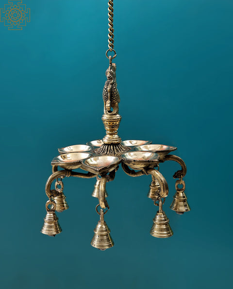 9" Peacock Hanging Diya with Bells | Handmade