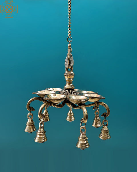 9" Peacock Hanging Diya with Bells | Handmade