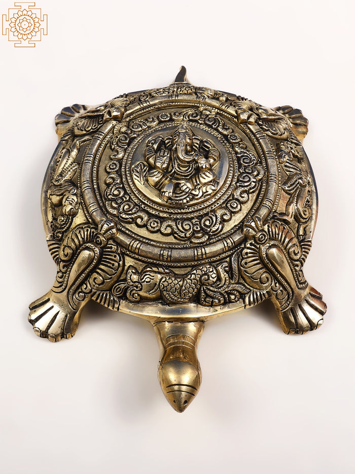 11" Brass Vastu Tortoise Statue with Ganesha Handmade