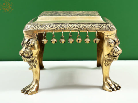 11" Brass Flower Design Lion Leg Chowki with Ghungroo | Handmade