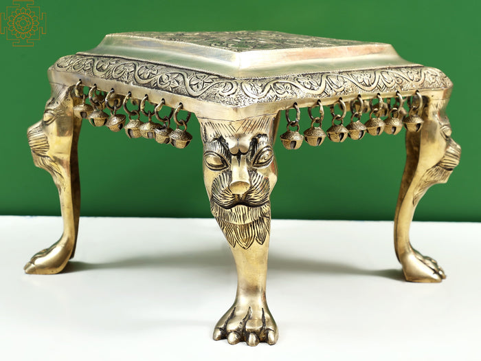 11" Brass Lion Leg Chowki with Flower Design and Ghungroo