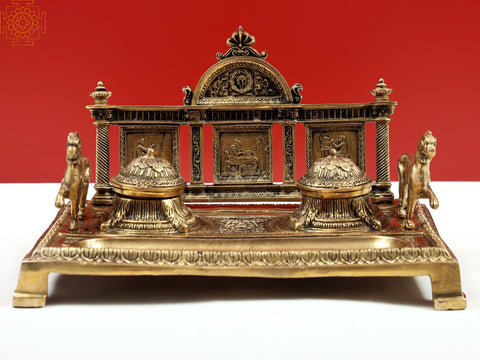 7" Brass Two-Sided Lion Decorative Double Inkwell (Inkpot) | Handmade