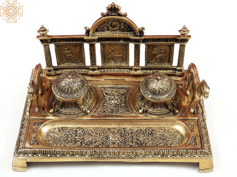 7" Brass Two-Sided Lion Decorative Double Inkwell (Inkpot) | Handmade